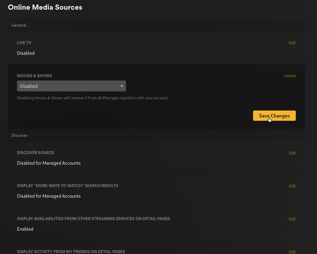 Disable Movies & Shows screenshot