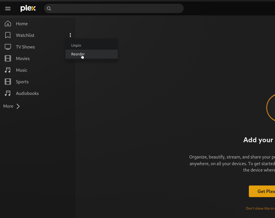 Reorder your pinned libraries screenshot