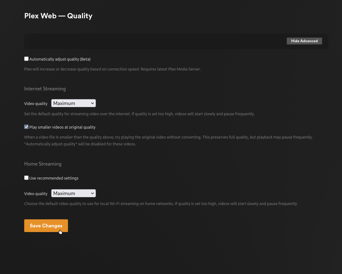 Set quality to Maximum on each device screenshot