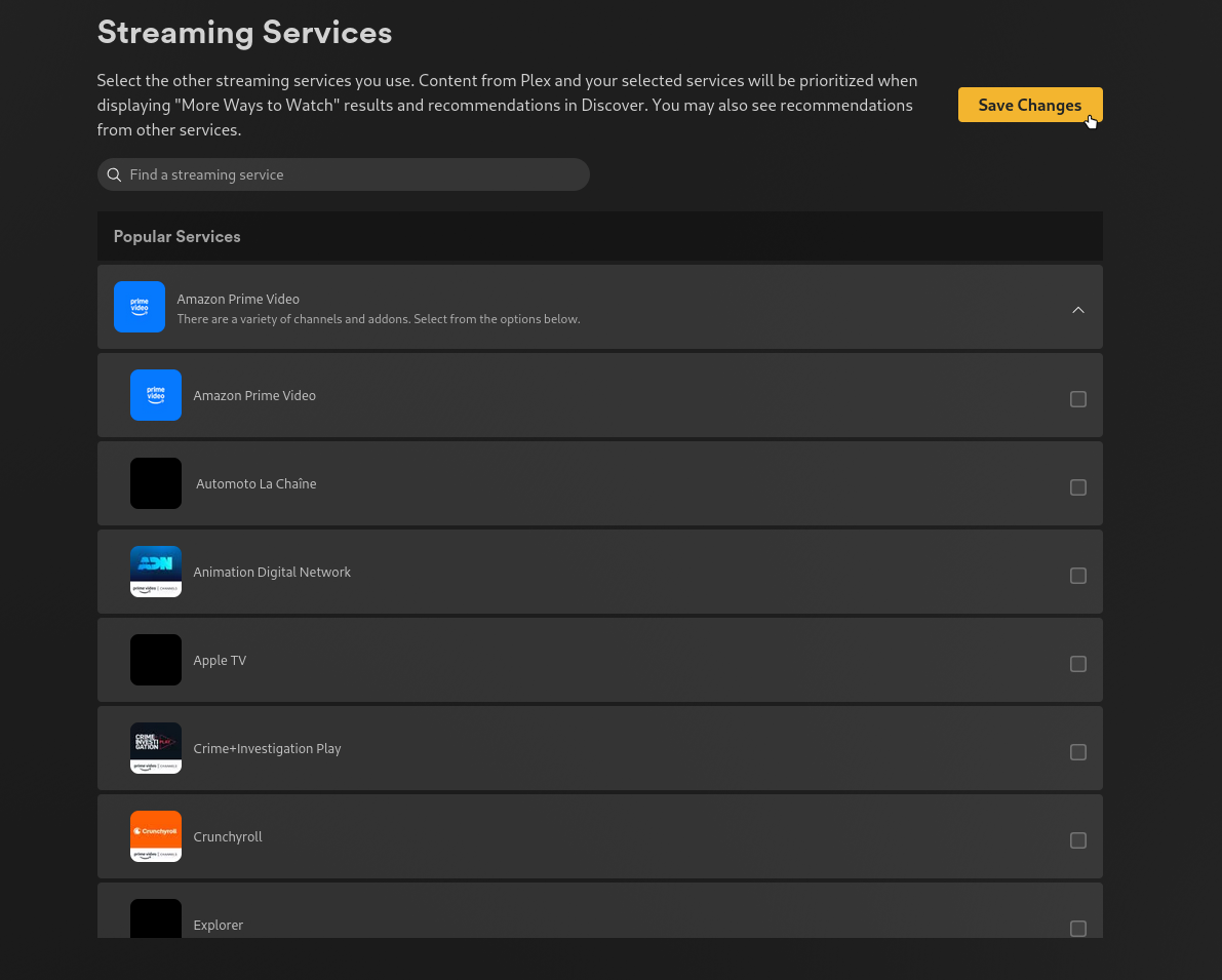 Check streaming provider settings screenshot